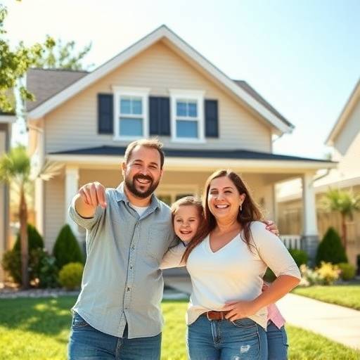 Una imagen de una familia feliz frente a su nueva casa, simbolizando el &eacute;xito financiero a trav&eacute;s del ahorro y la planificaci&oacute;n.