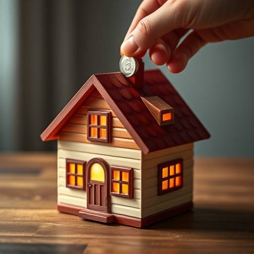 Una mano introduciendo una moneda en una alcanc&iacute;a con forma de casa, simbolizando el ahorro para la vivienda.