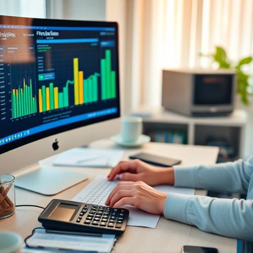Una persona gestionando sus finanzas personales con un ordenador y una calculadora en un escritorio luminoso.
