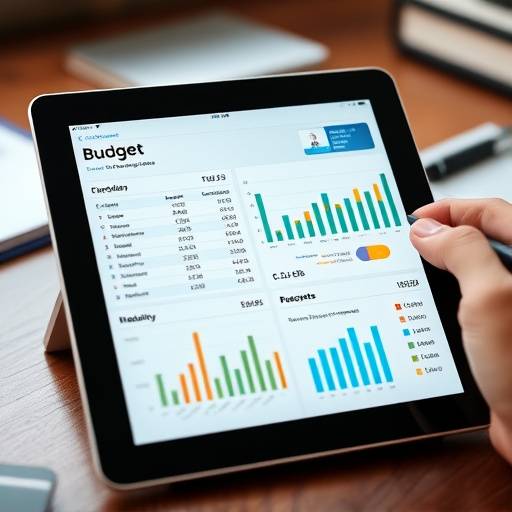 Una persona revisando un presupuesto detallado en una tablet con gr&aacute;ficos y n&uuml;meros.