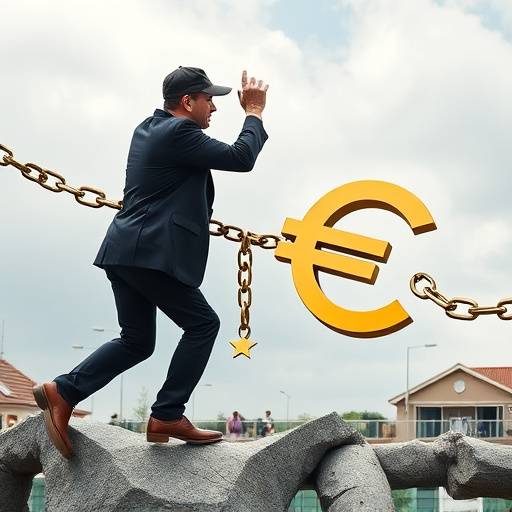 Una persona rompiendo una cadena con el s&iacute;mbolo del euro, representando la liberaci&oacute;n de las deudas.
